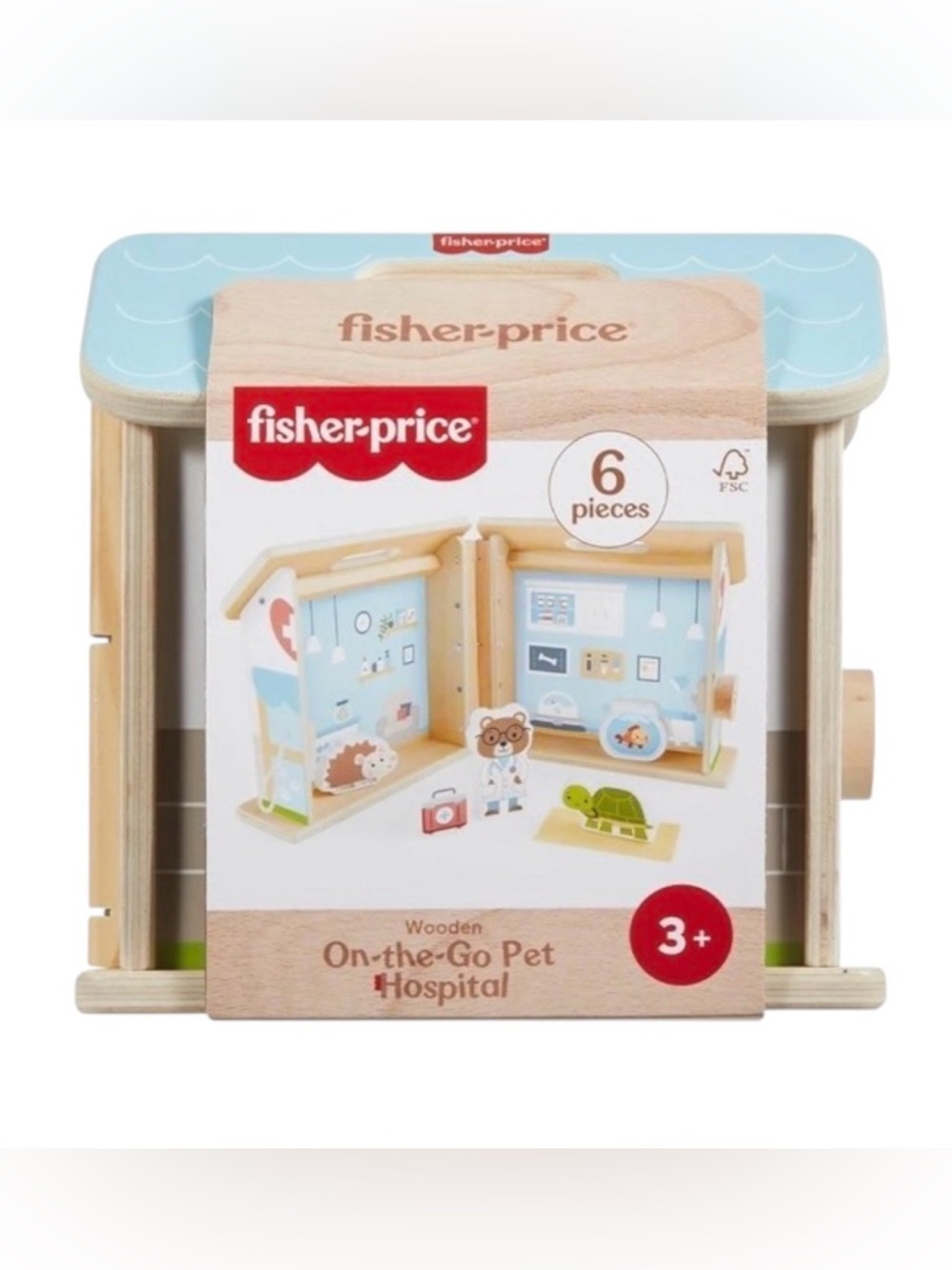 🆕 Fisher Price Wooden On The Go Pet Animal Hospital Playset With 6 Play Pieces